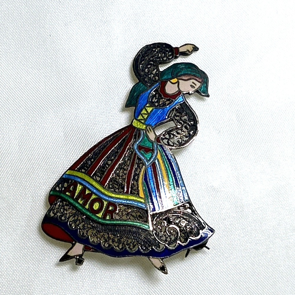 Vintage Topazio Portugal 925 Silver Enamel Dancing Girl Souvenir Brooch Signed
